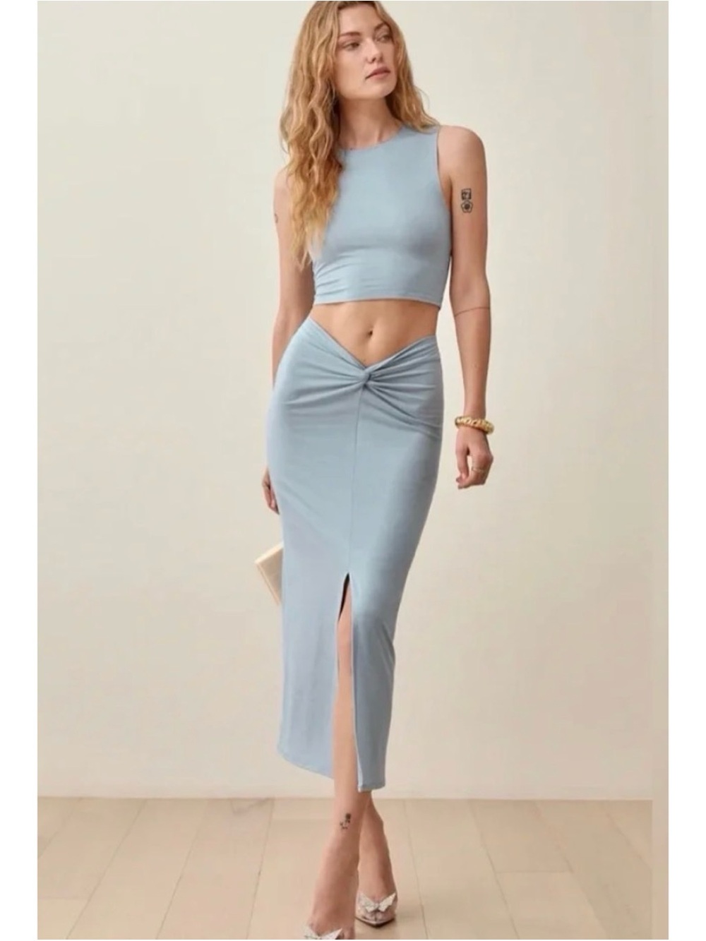 NWT Reformation Rylan Light Blue Twist Knot Stretch Jersey Midi Skirt Medium
